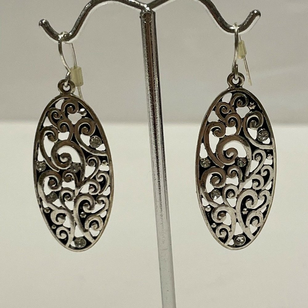 Silver Tone Openwork Scroll Dangle Hook Earrings … - image 2
